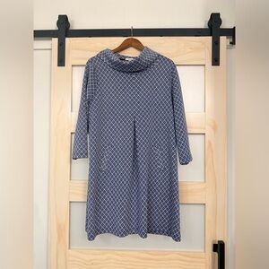 Tyler Böe Blue Geometric Cowl Neck Sweater Dress XL 3/4 Sleeve Pockets Knit